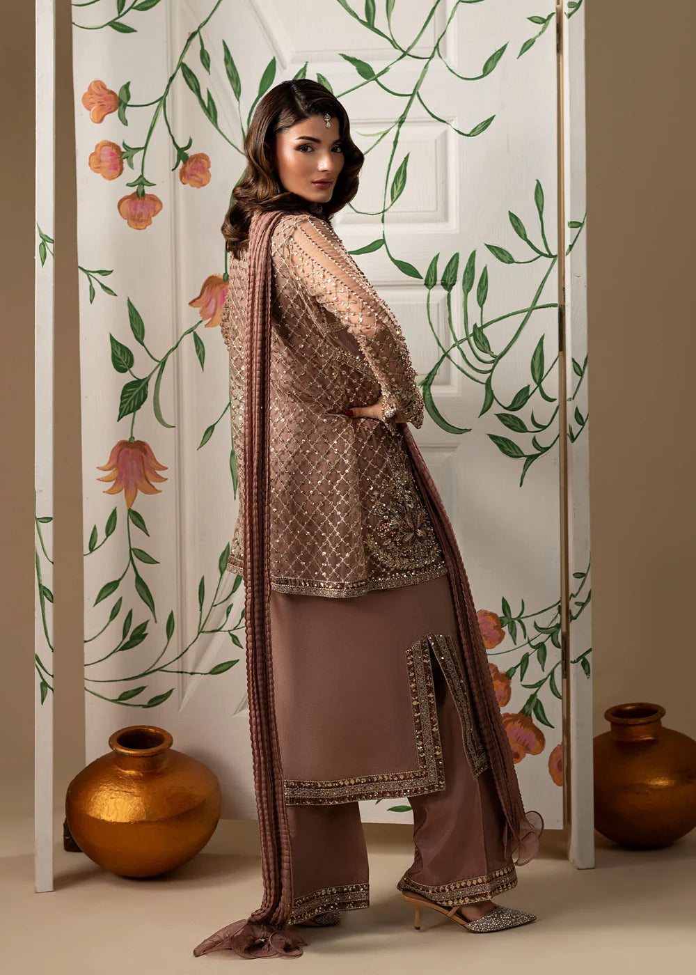 Hand Embellished Net Jacket Suit in Tea Rose Pink