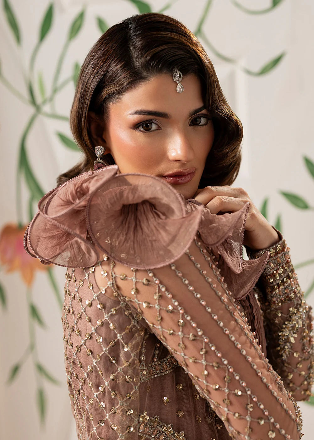Hand Embellished Net Jacket Suit in Tea Rose Pink