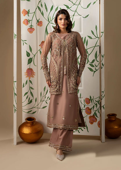 Hand Embellished Net Jacket Suit in Tea Rose Pink