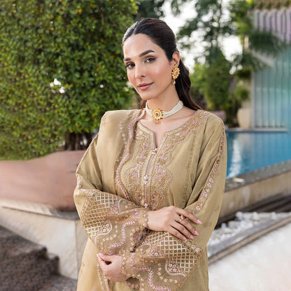 Skin Beige Pure Cotton Schiffli Embroidered Farshi Shalwar Suit