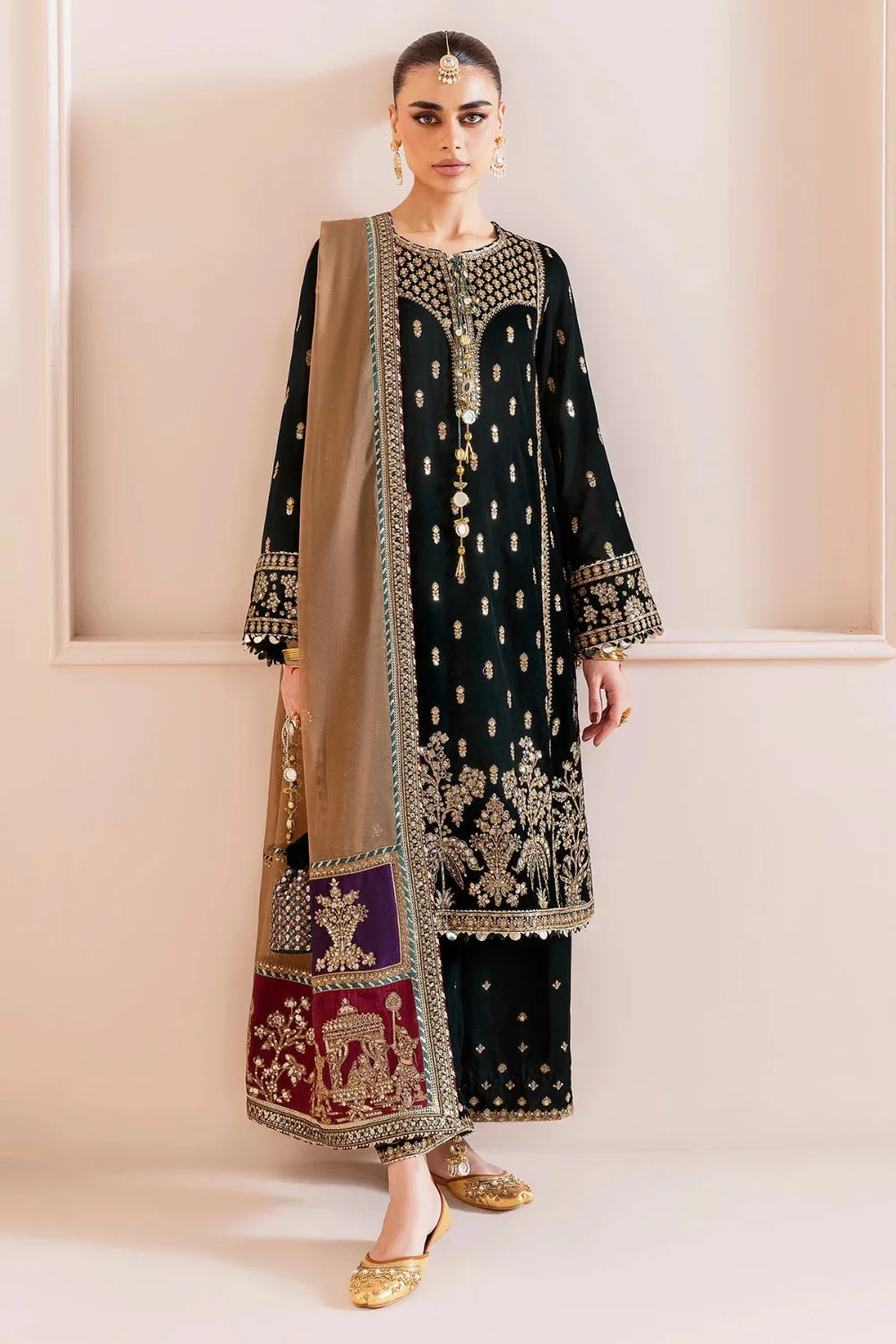 Bottle Green Sequins Embroidered Velvet Suit with Contrasting Mustard Dupatta