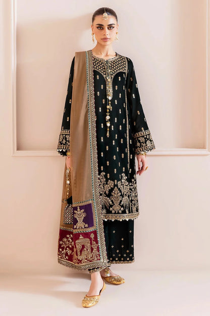 Bottle Green Sequins Embroidered Velvet Suit with Contrasting Mustard Dupatta
