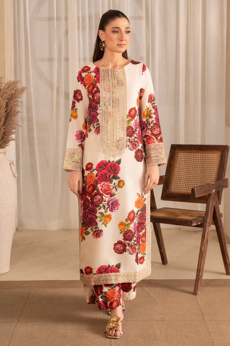 Ivory Printed Silk Kurta Set with Sequinned Lace Details