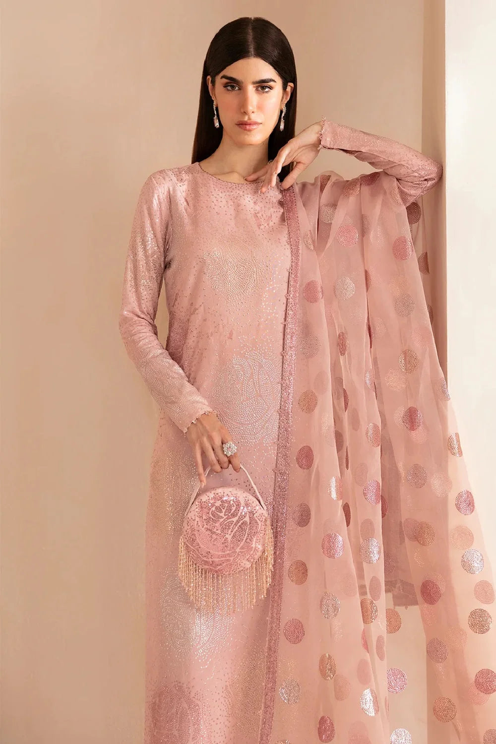 Pink Peach Pure Raw Silk Suit with Complementary Pouch