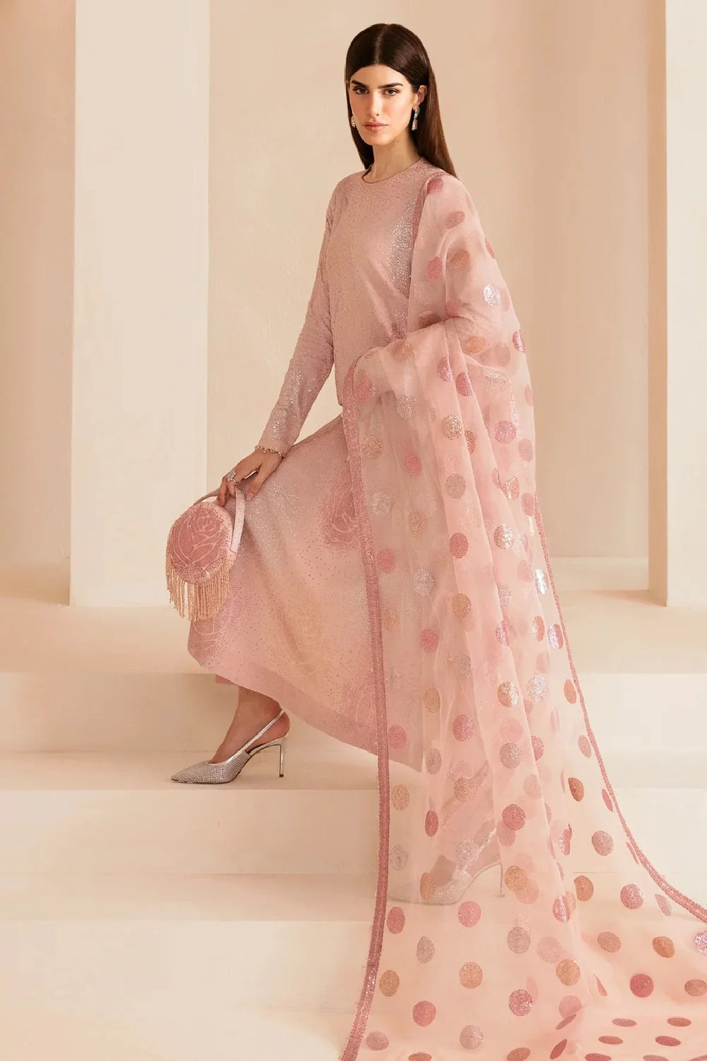 Pink Peach Pure Raw Silk Suit with Complementary Pouch