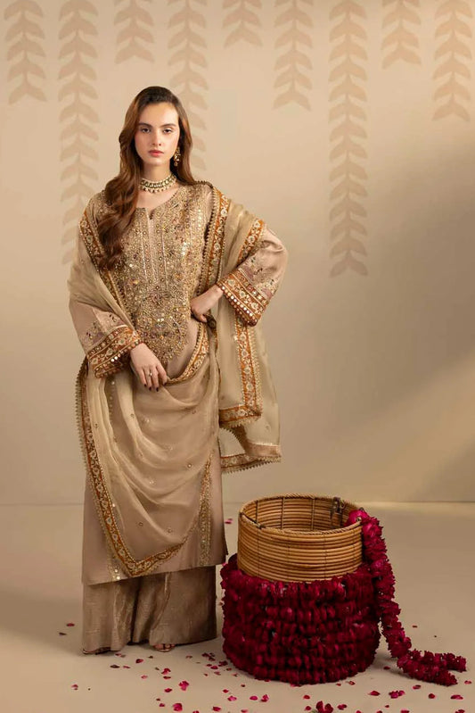 Elegant Gold Embellished Raw Silk Partywear Suit