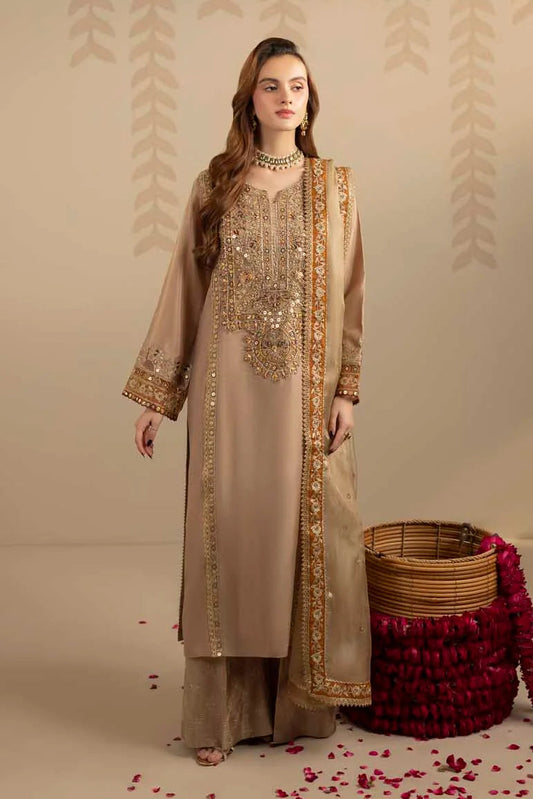 Elegant Gold Embellished Raw Silk Partywear Suit