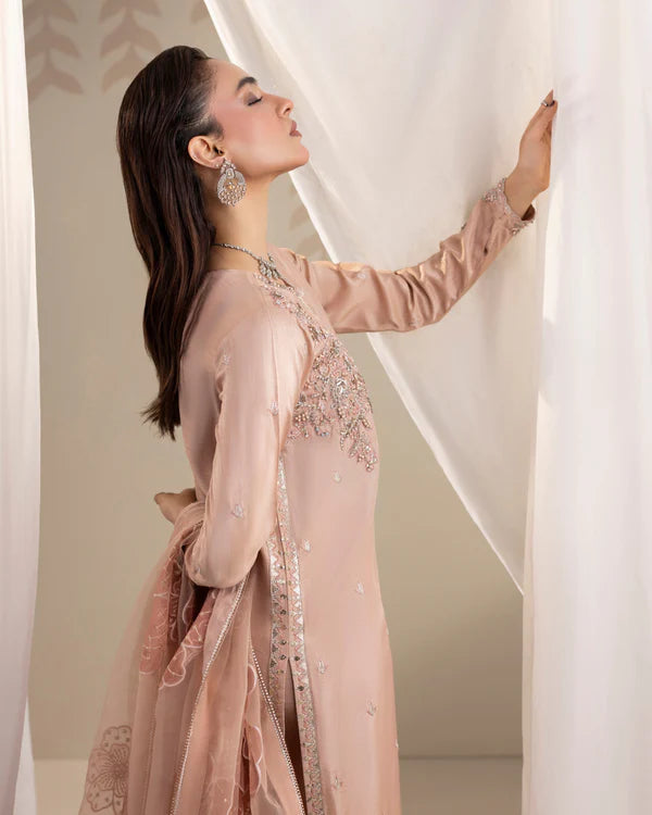 Elegant Tea Rose Pink Embellished Raw Silk Suit