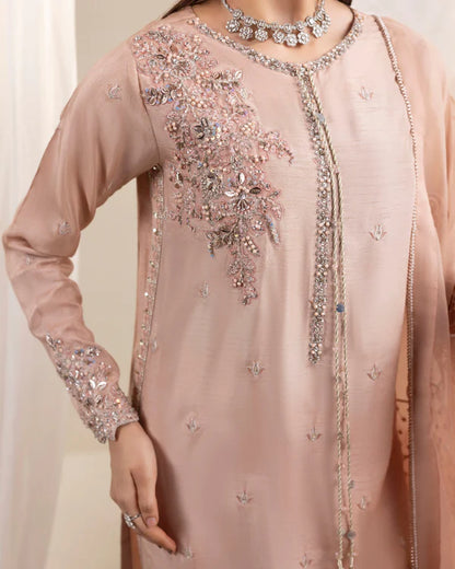 Elegant Tea Rose Pink Embellished Raw Silk Suit