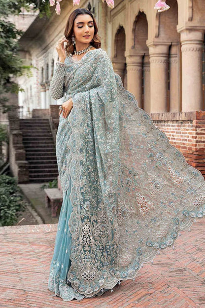 Sky Blue Wedding Saree with Stone & Pearl Work