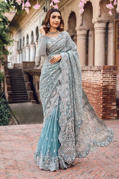 Sky Blue Wedding Saree with Stone & Pearl Work