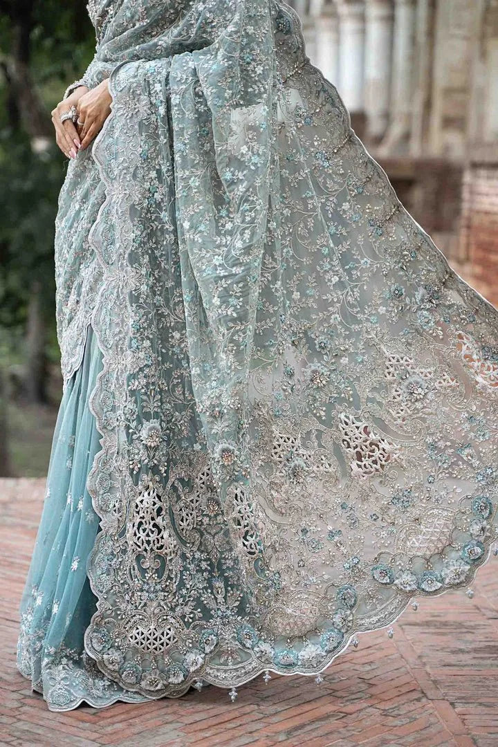 Sky Blue Wedding Saree with Stone & Pearl Work