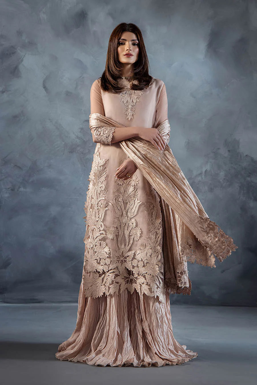 Hand Embroidered Pastel Pink Crushed Sharara