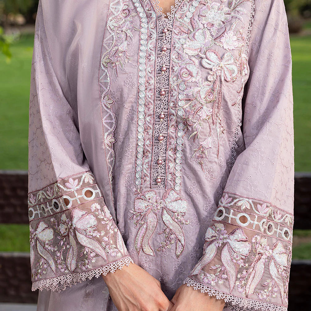 Lavendar Pure Cotton Schiffli Embroidered Farshi Shalwar Suit