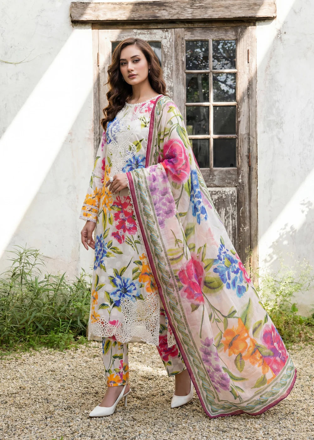 Multicolor Embroidered Lawn Kurta Set with Dupatta