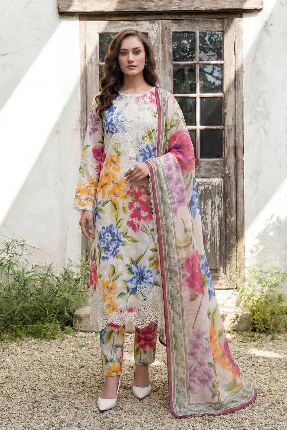 Multicolor Embroidered Lawn Kurta Set with Dupatta