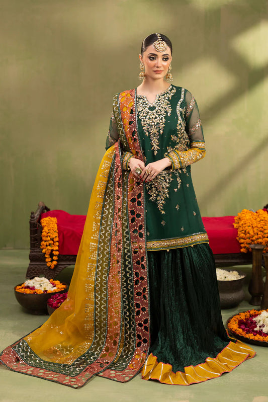 Green Organza Embellished Crushed Raw Silk Gharara