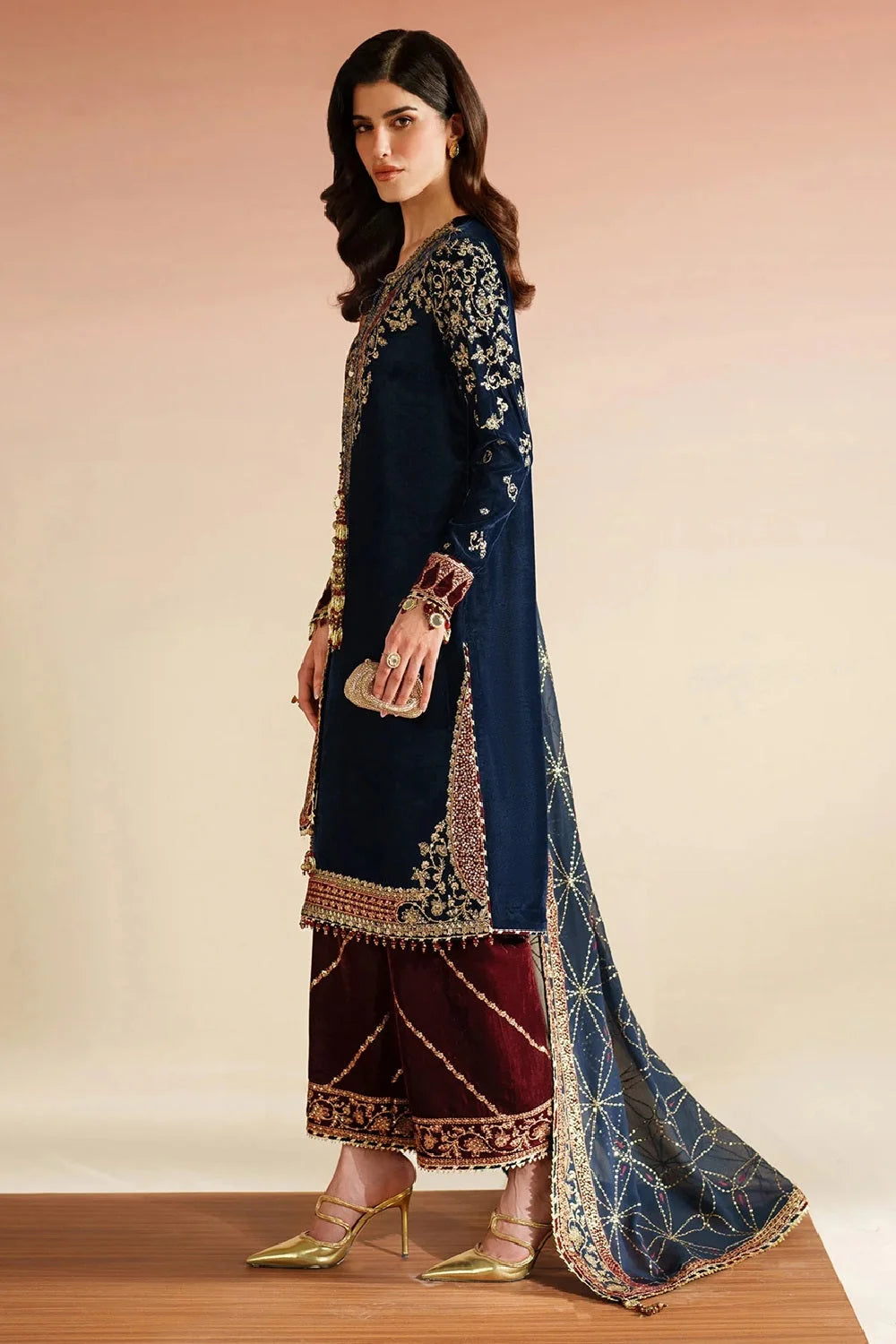Navy Blue Sequins Embroidered Velvet Suit