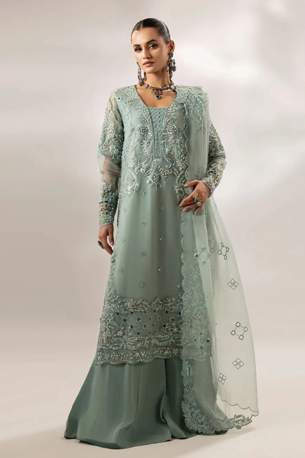 Pastel Green Embellished Suit with Flared Trouser