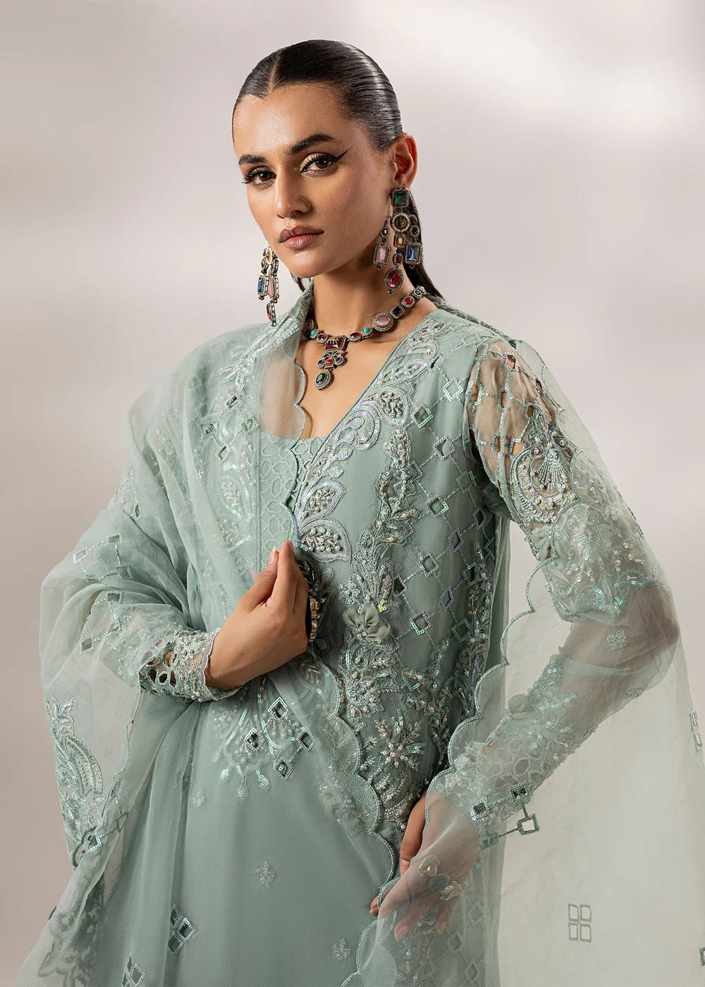 Pastel Green Embellished Suit with Flared Trouser