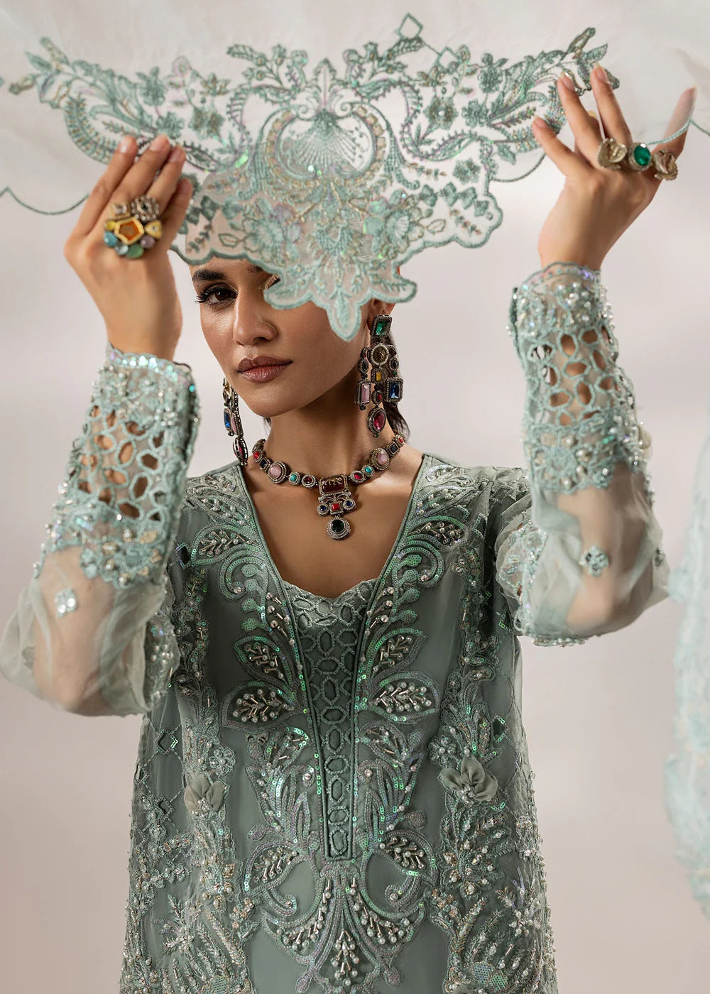 Pastel Green Embellished Suit with Flared Trouser