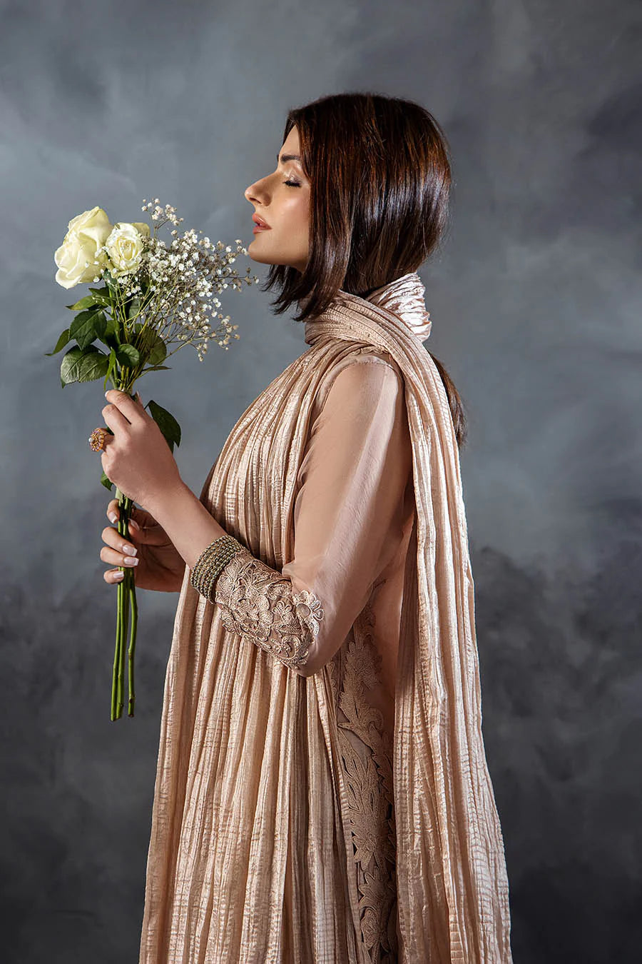 Hand Embroidered Pastel Pink Crushed Sharara