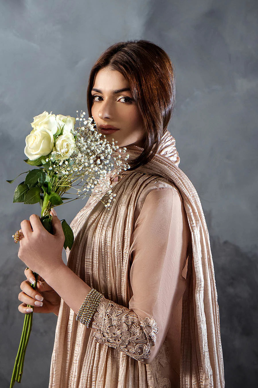 Hand Embroidered Pastel Pink Crushed Sharara