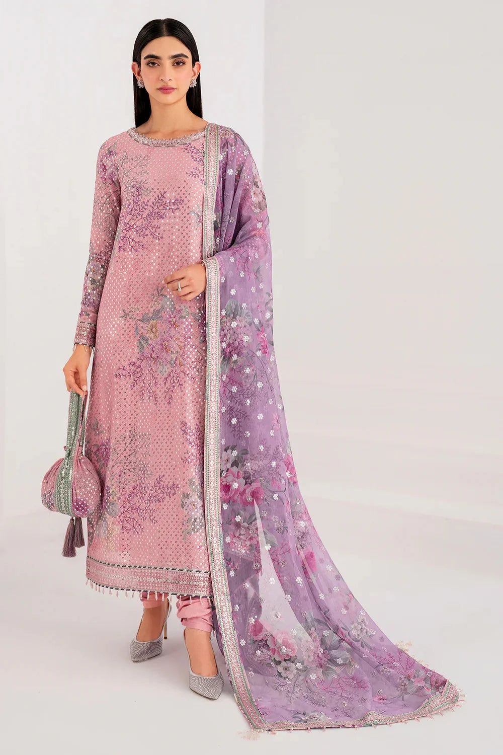 Digital Printed Sequins Embroidered Chiffon Suit