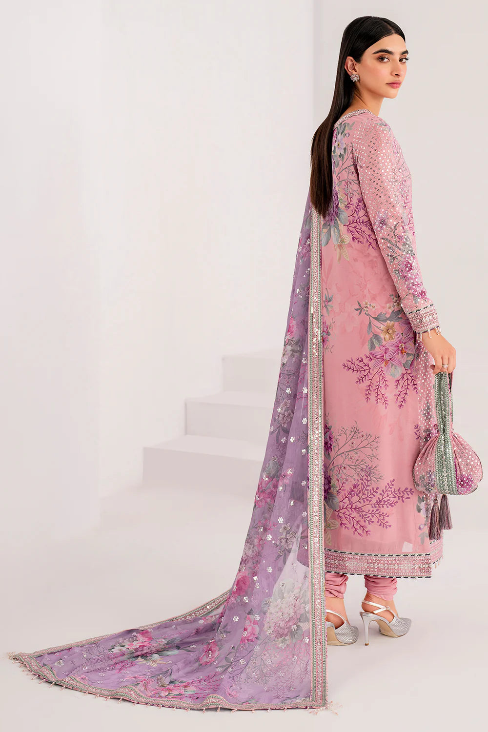 Digital Printed Sequins Embroidered Chiffon Suit