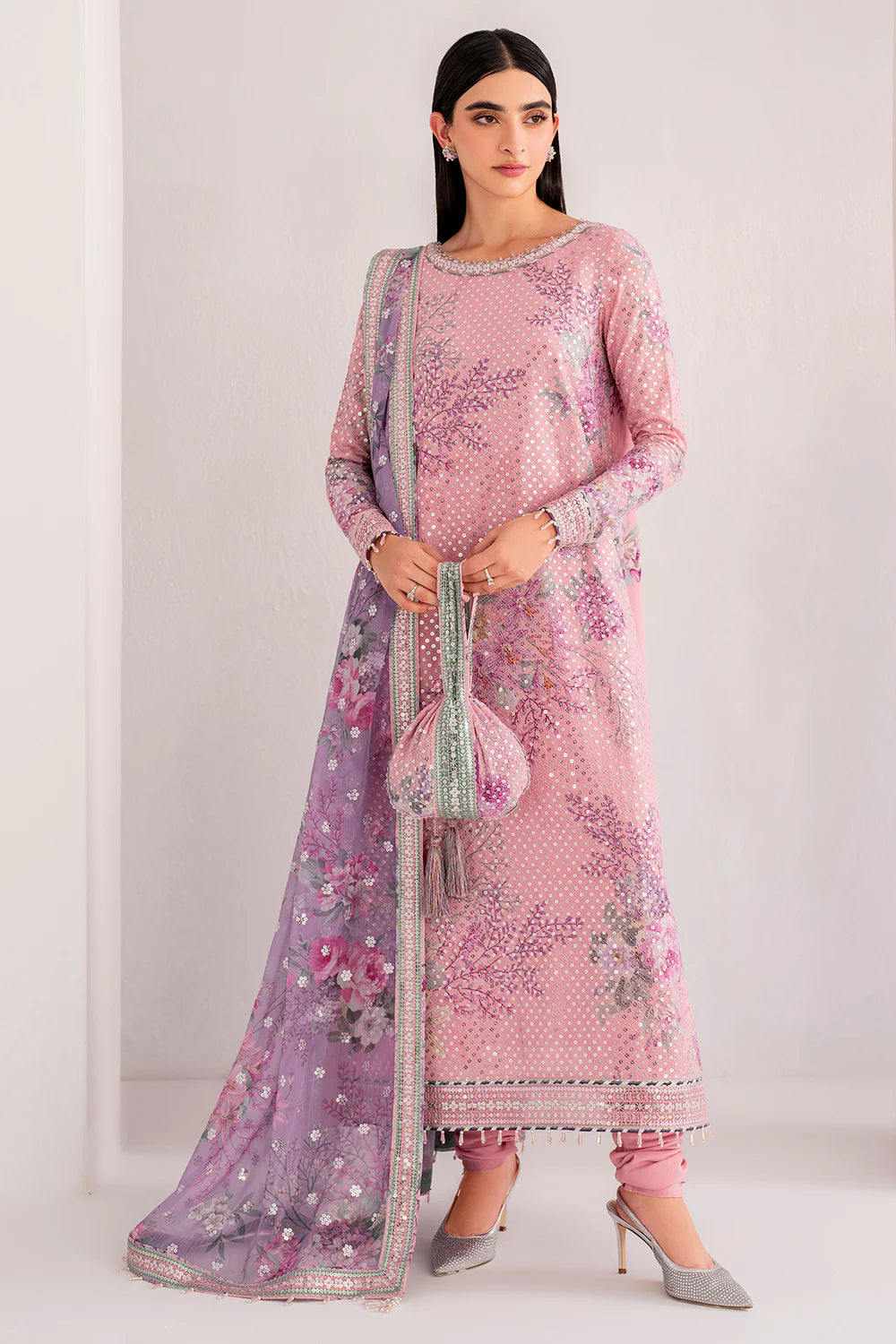 Digital Printed Sequins Embroidered Chiffon Suit
