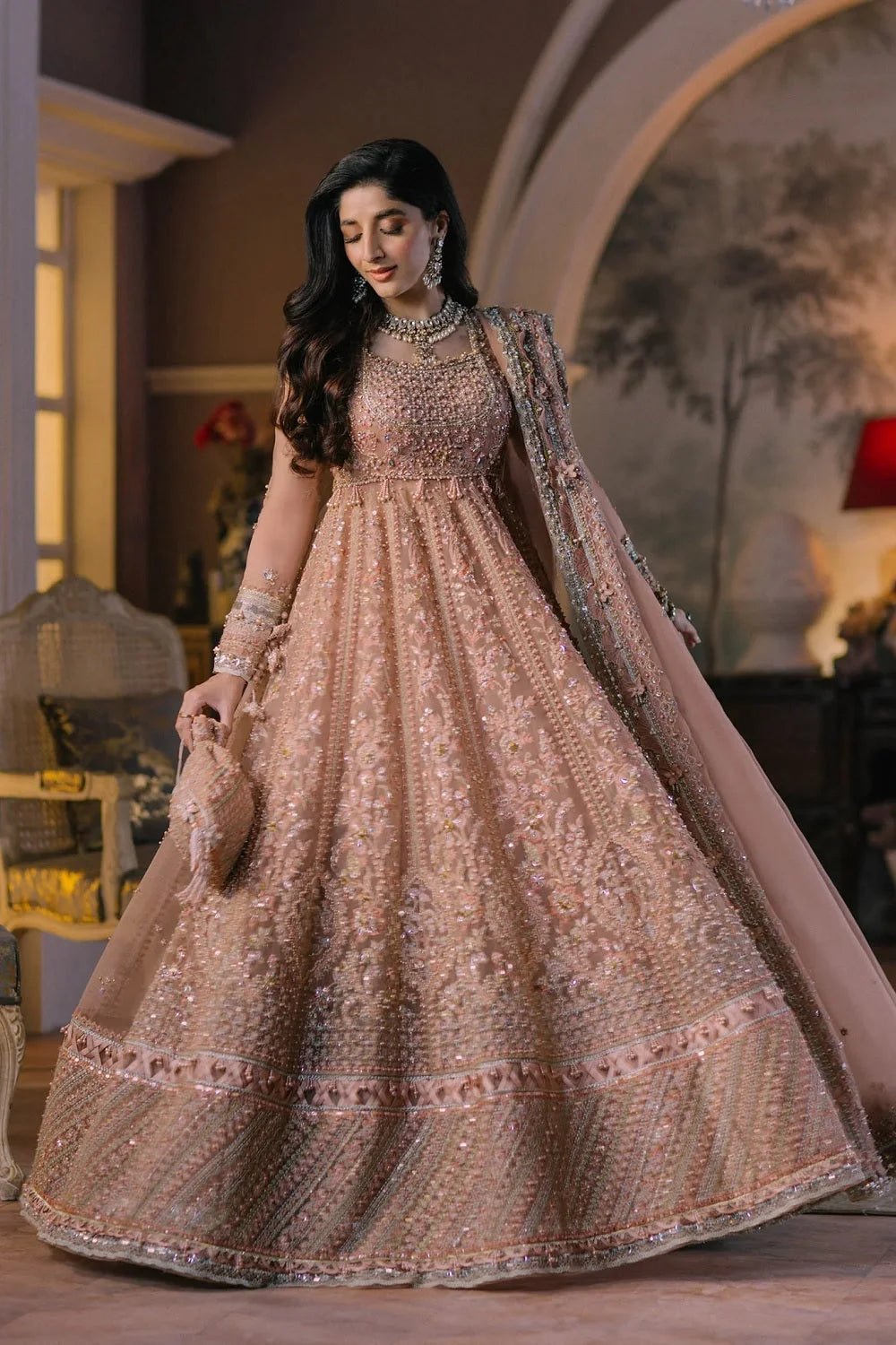 Handmade Peach Pink Semi-Stitched Anarkali Maxi