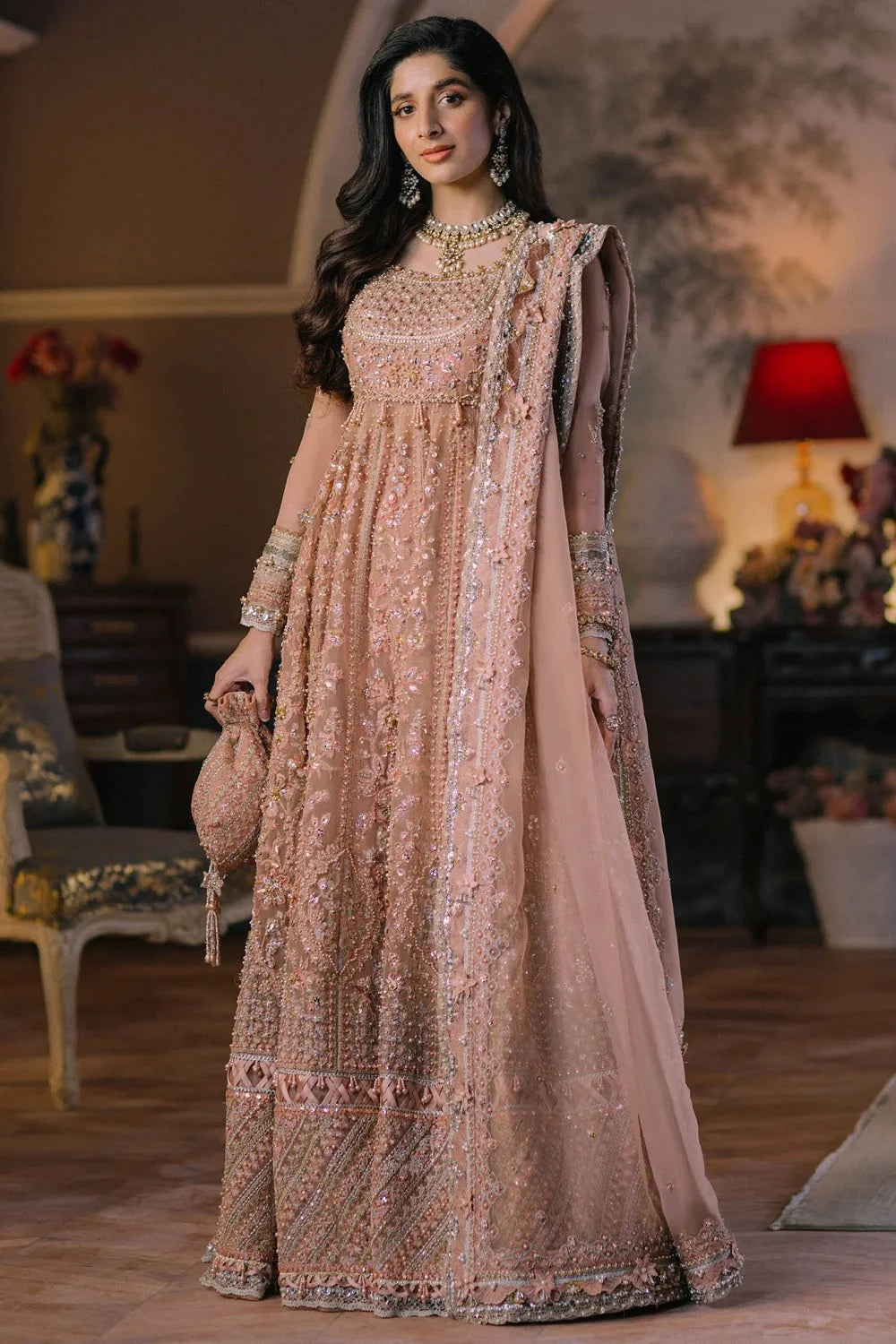 Handmade Peach Pink Semi-Stitched Anarkali Maxi