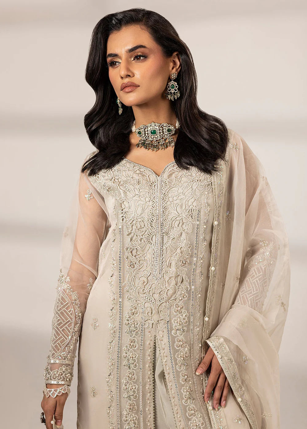 Pearl White Front Open Style Organza Suit