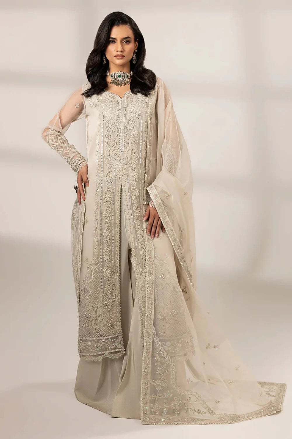 Pearl White Front Open Style Organza Suit