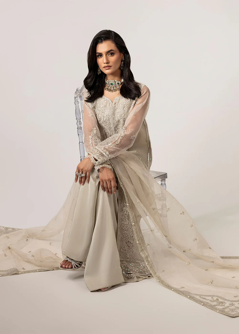 Pearl White Front Open Style Organza Suit