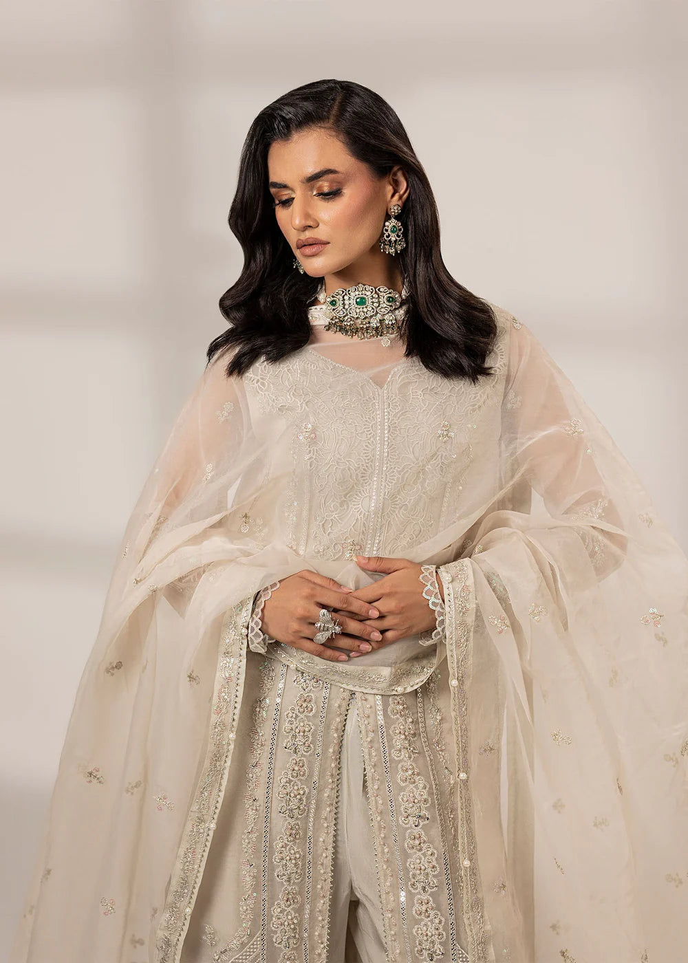 Pearl White Front Open Style Organza Suit