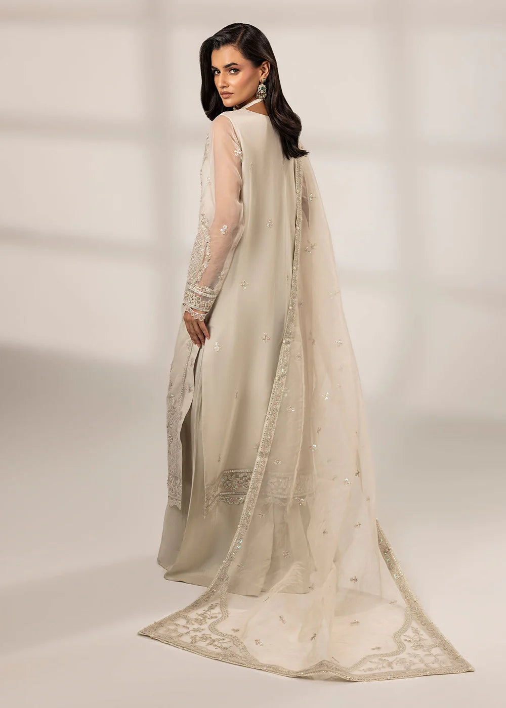 Pearl White Front Open Style Organza Suit