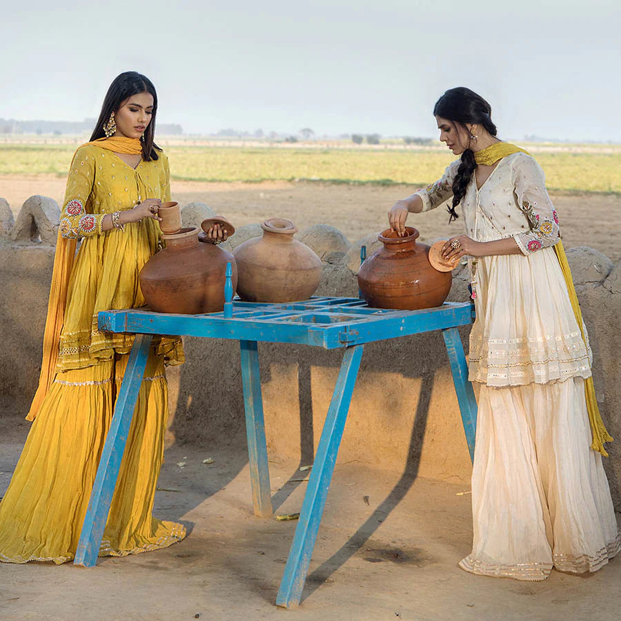 White Paper Cotton Peplum Top with Gharara