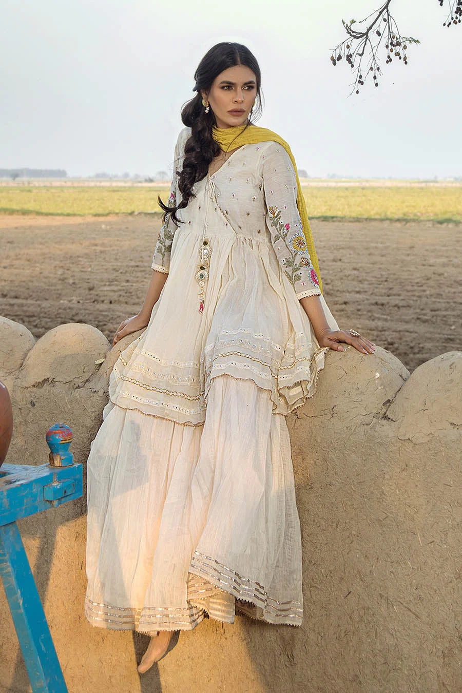 White Paper Cotton Peplum Top with Gharara
