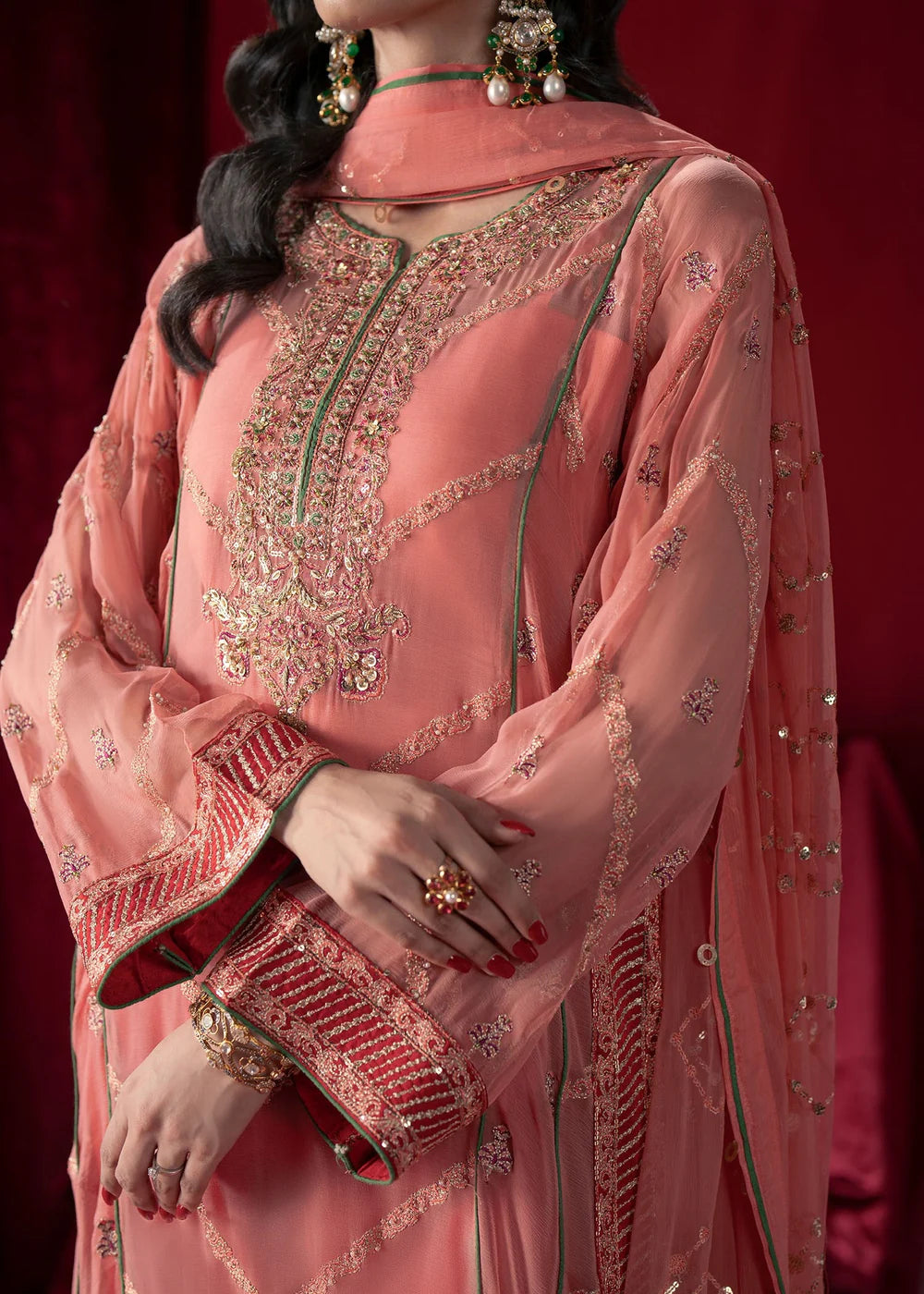 Coral Pink Chiffon Embroidered Suit