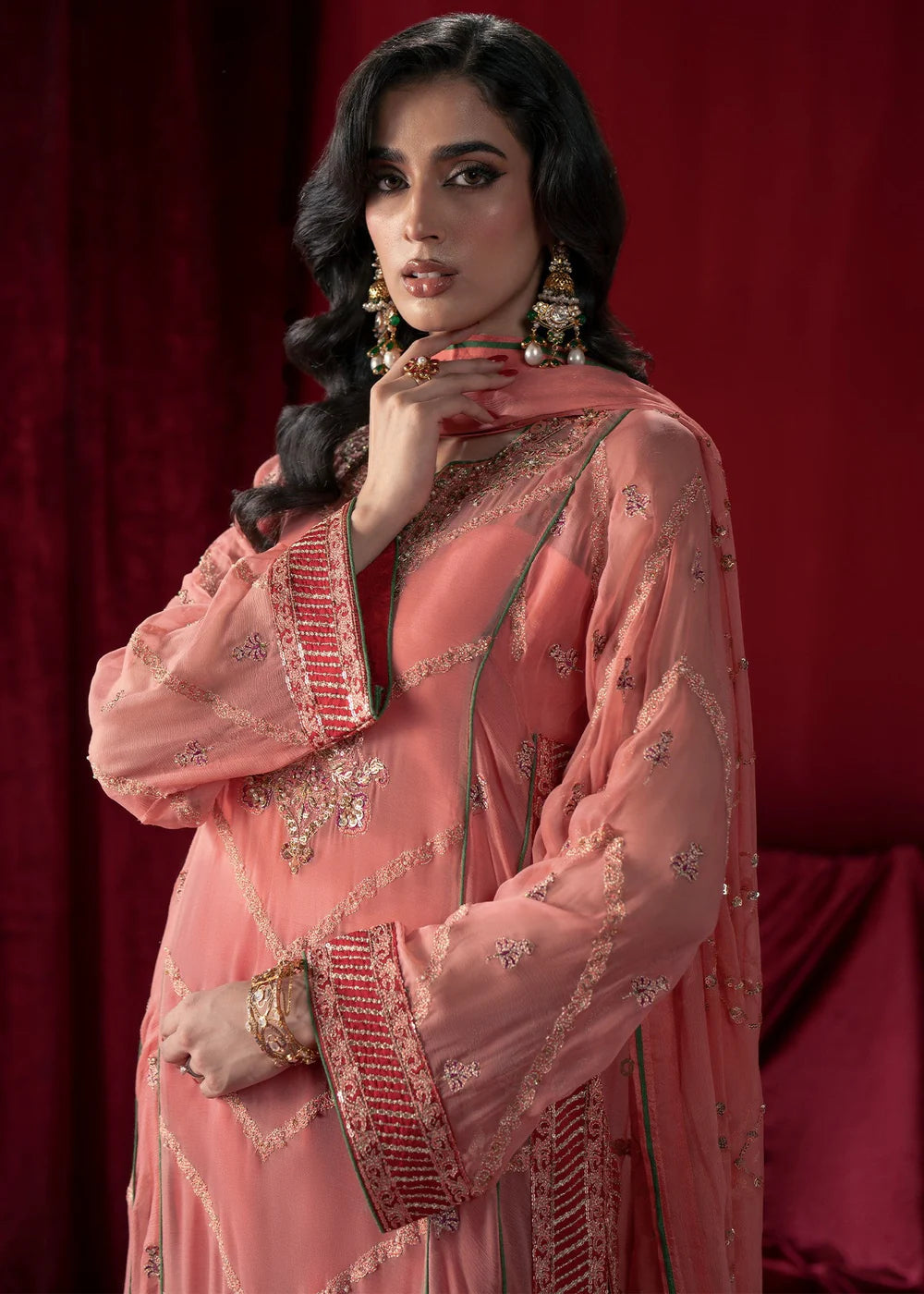 Coral Pink Chiffon Embroidered Suit