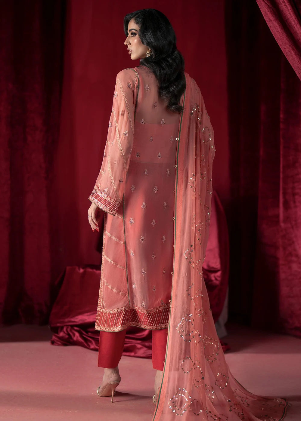 Coral Pink Chiffon Embroidered Suit