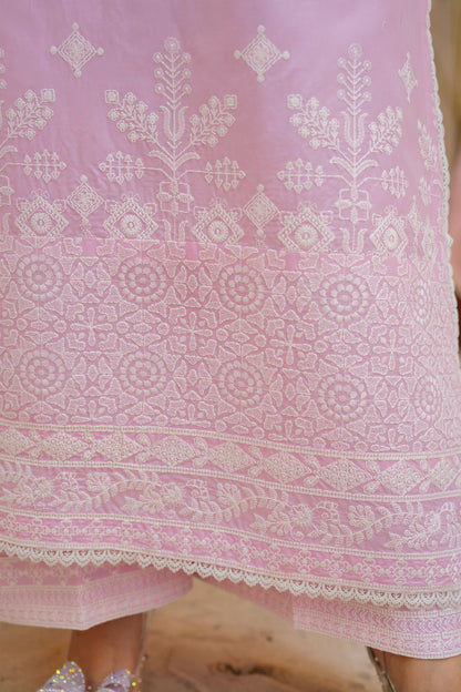 Petal Pink Pure Cotton Chikankari Suit with Long Shirt
