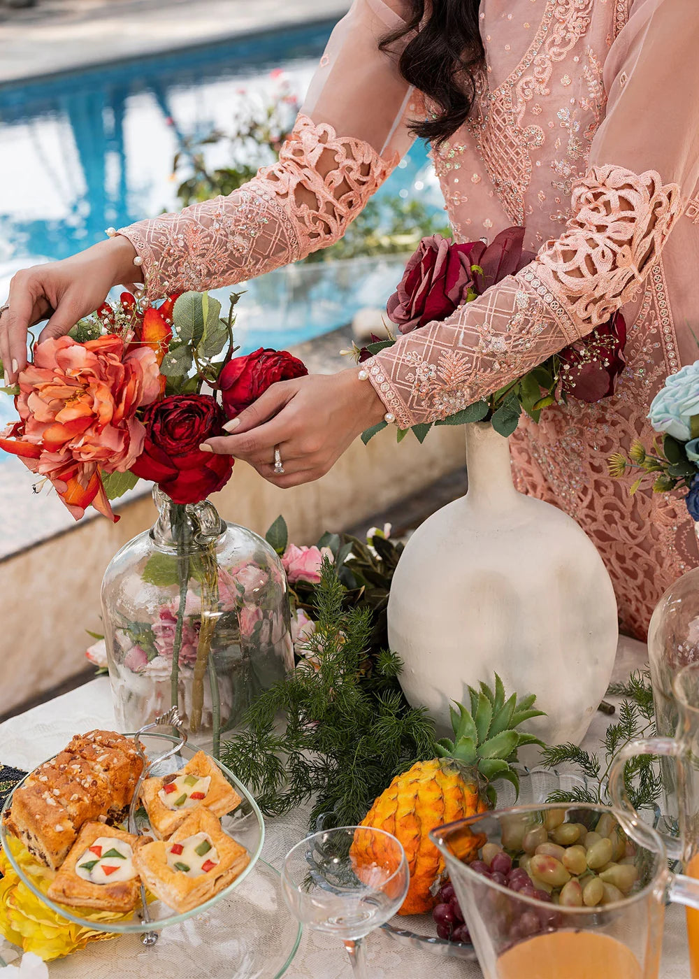 Peach Pink Soft Organza Embellished Suit