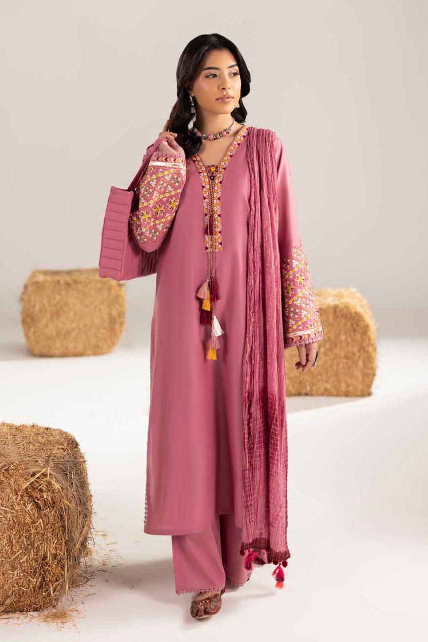 Pink Embroidered Cotton Suit with Tote Bag