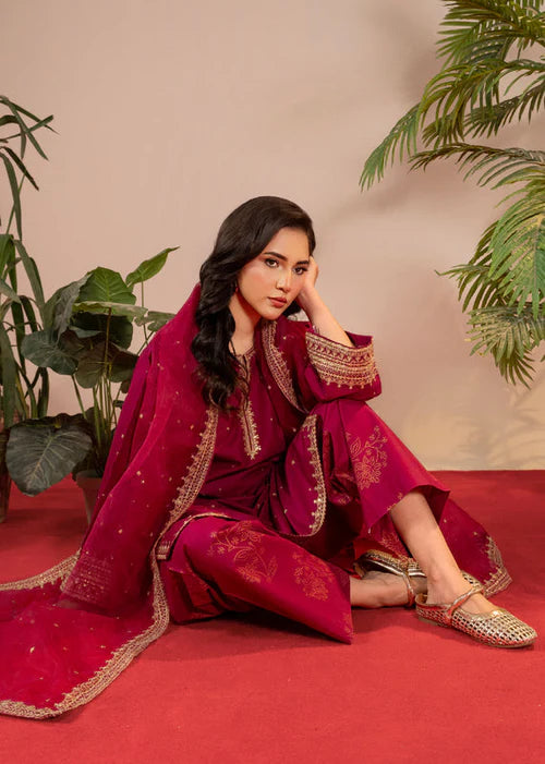 Raspberry Pink Embroidered Linen Kurta Set with Dupatta