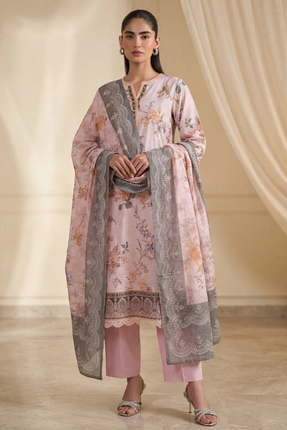 Cotton Candy Pink Embroidered Lawn Kurta Set with Dupatta Size XL