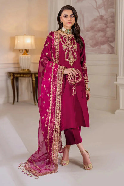 Hand Embellished Rani Pink Pure Velvet Suit with Potli