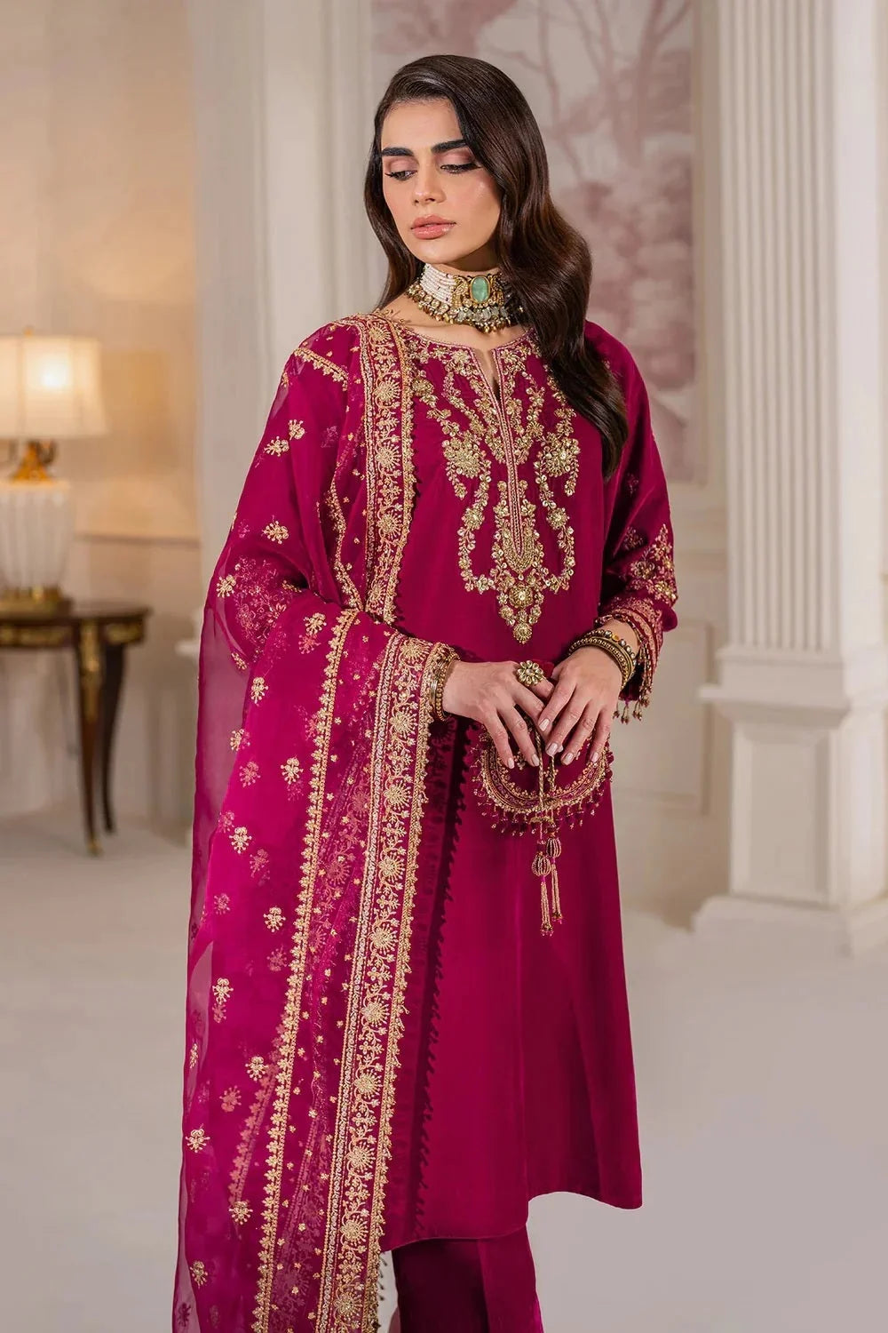 Hand Embellished Rani Pink Pure Velvet Suit with Potli