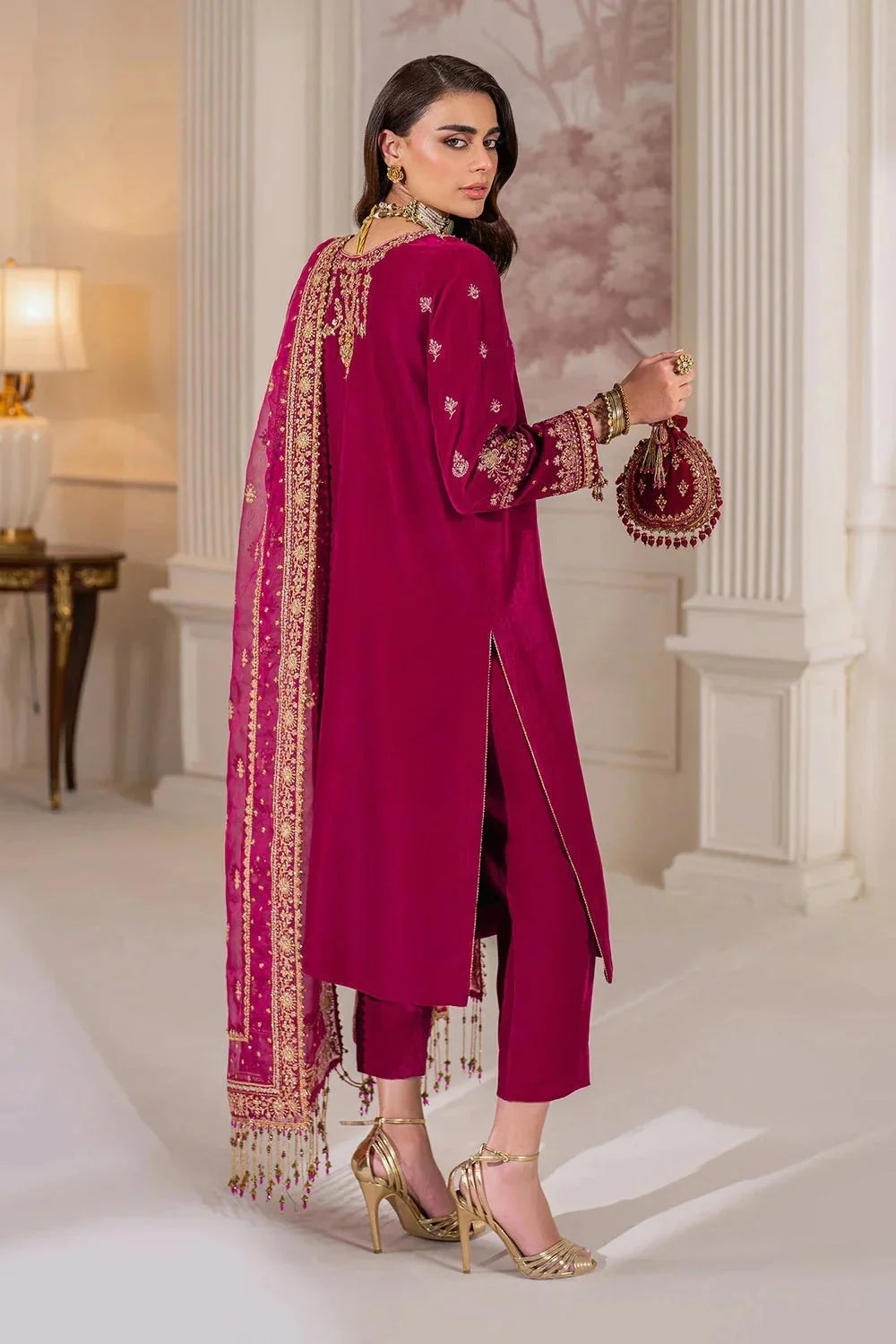 Hand Embellished Rani Pink Pure Velvet Suit with Potli